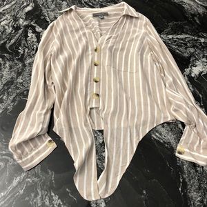 Primark Beige & White Striped Tie Blouse Tortoise